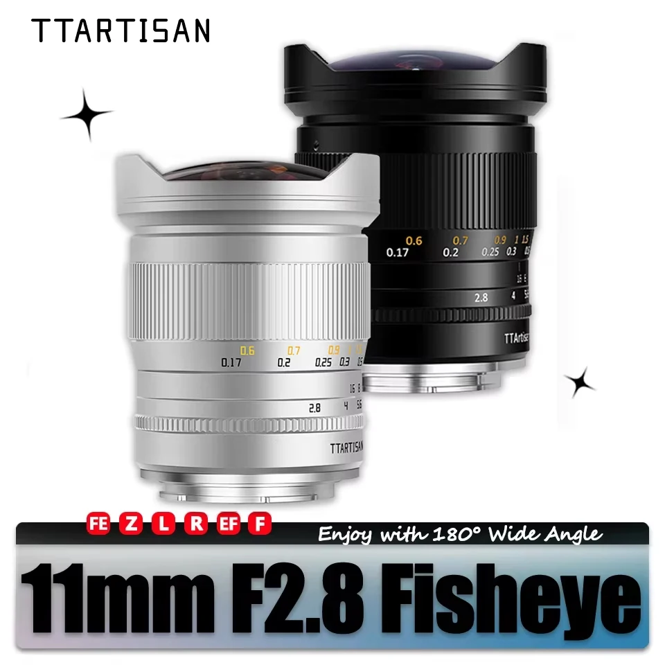 Lente de Cámara Ojo de Pez TTARTISAN de 11 mm F2.8 con 180° de Ángulo de Visión °   Ángulo de Visión para Fotografía con Monturas Sony E, Nikon Z, F, Canon RF y L