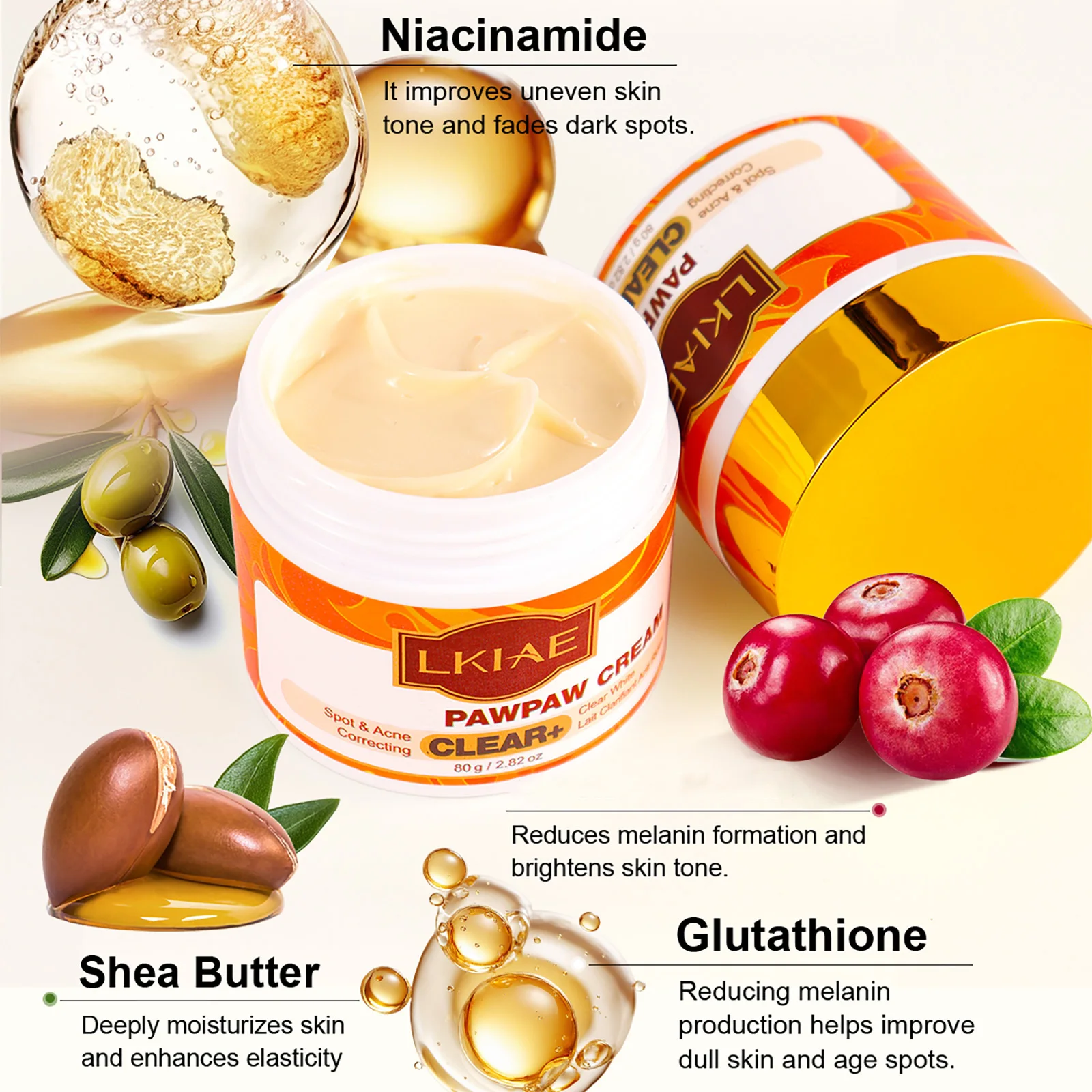 Crema Facial Blanqueadora Pawpaw de LKIAE para Mujeres, Hidratante, Antiacné, Manchas Oscuras, con Niacinamida, Manteca de Karité, Glutatión