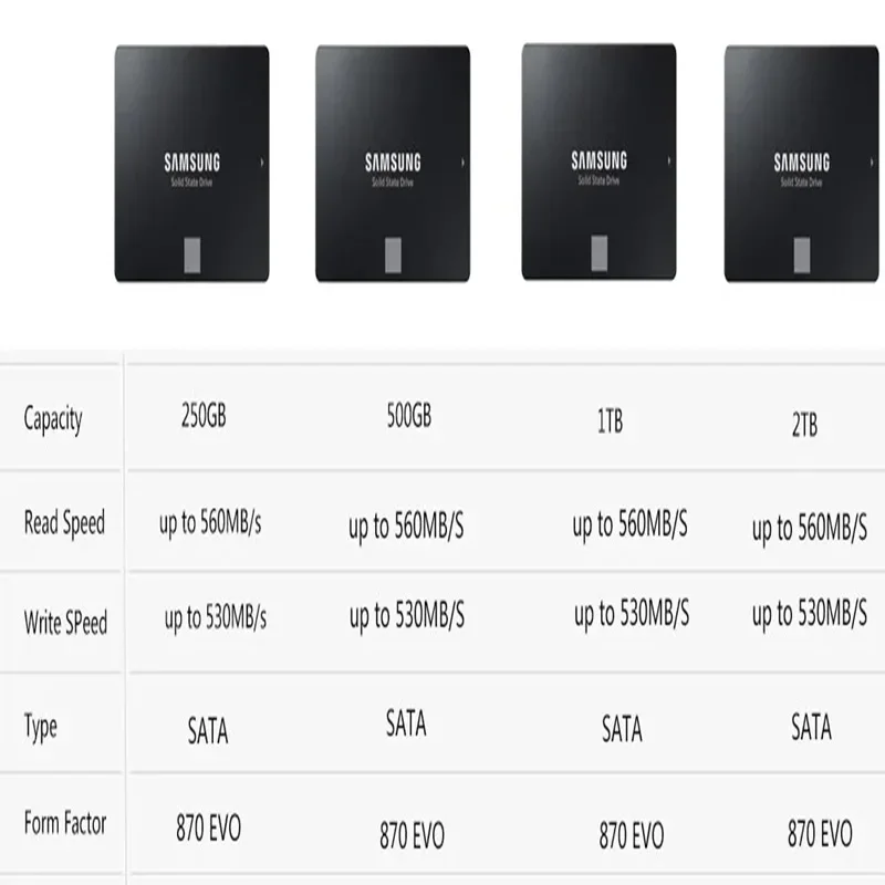 SAMSUNG SSD 870 EVO 1TB 2TB 250GB 500GB Disco Duro Interno de Estado Sólido HDD SATA3 2.5 pulgadas para Laptop, PC de Escritorio, MLC