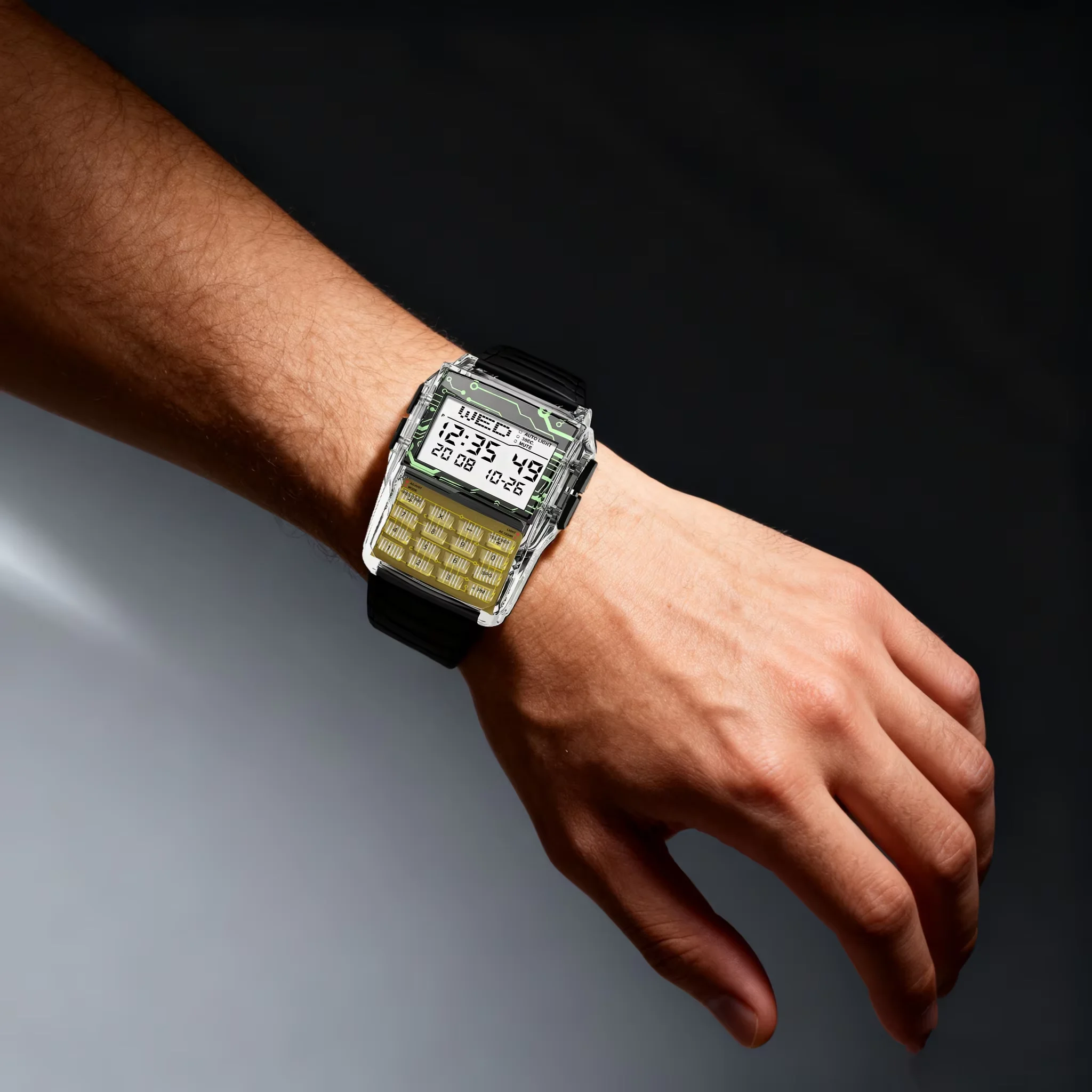 Reloj de plástico con caja transparente para hombre, reloj con calculadora multifunción, reloj LED luminoso, reloj de lujo para hombre, estilo ordenador