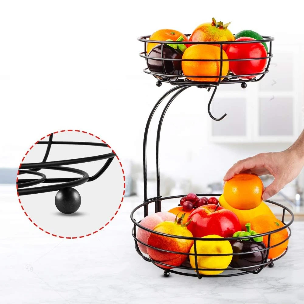 LMETJMA-cesta de frutas para encimera de 2 niveles, cuenco con colgador de plátano, soporte de frutas de alambre de Metal para cocina, organizador de almacenamiento JT312