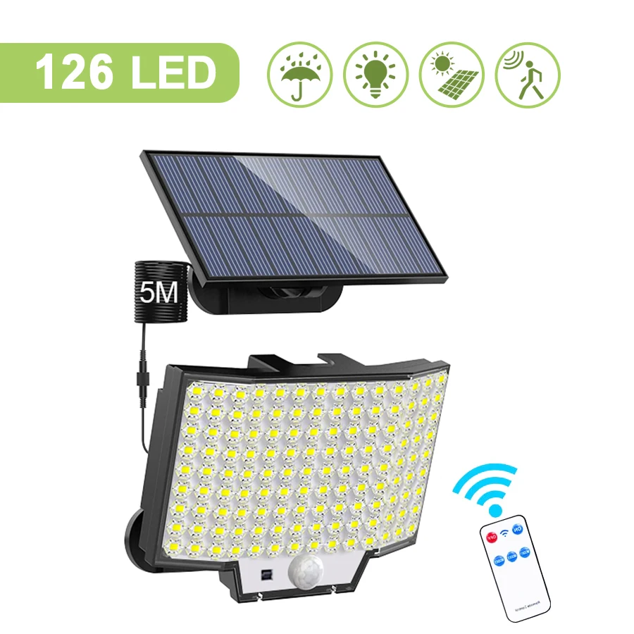 Lámpara Solar de 348 LED, Luz de Seguridad para Exteriores con Sensor de Movimiento, Impermeable, Foco Solar Potente de 126/328 LED para Jardín y Garaje