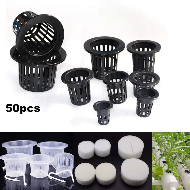 50 Uds. Cesta de red de malla hidropónica sin suelo para cultivo de plantas, taza para vivero, bandeja de esponja, macetero aerópónico para verduras, clonación, colonización q1