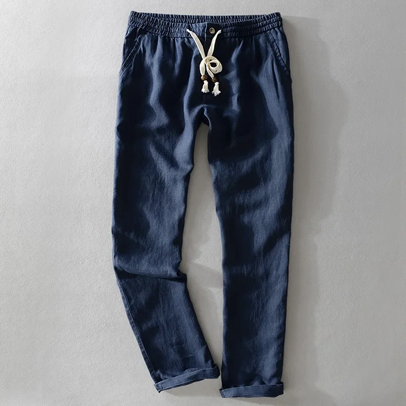 Pantalones de lino para hombre, ropa informal de Color sólido con cuerda de tubo recto, transpirable, novedad