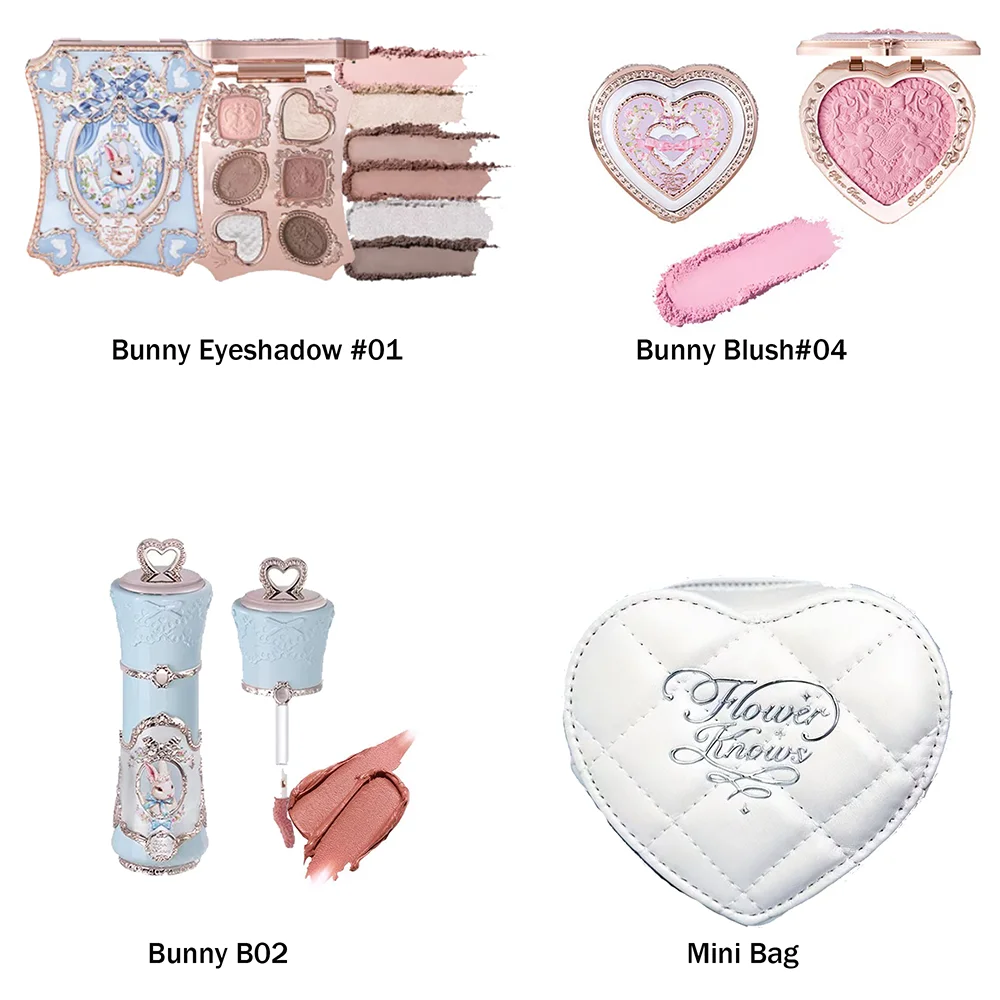 Set de Maquillaje Flower Knows Swan Ballet, Paleta de Corrector, Colorete en Relieve, Kit de Brillo Labial con Bolsa THE SWEETIE BEAR Bunny Garden