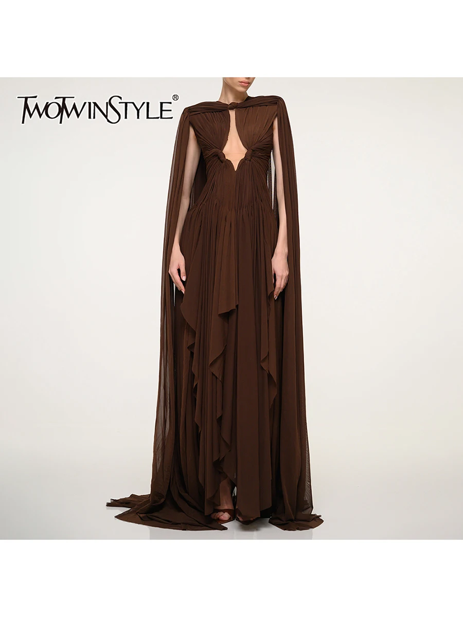 Vestidos Elegantes TWOTWINSTYLE con Pliegues y Corte Holgado en Color Café para Mujer, Cuello Redondo, Sin Mangas, Estilo Vintage de Lujo, Moda Femenina de Verano, Nuevo
