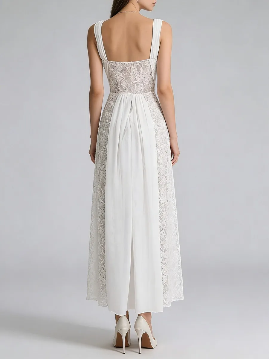 TWOTWINSTYLE Vestidos Largos Sexys de Encaje con Recortes para Mujer, Cuello en V, Sin Mangas, con Pliegues, Vestido Entallado, Ropa Femenina
