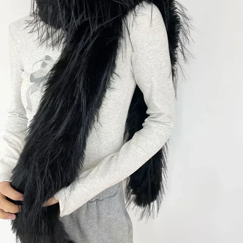 Bufanda de piel de visón de imitación para mujer, conjunto de orejeras, invierno, grueso, suave, cálido, de felpa, Color sólido, cuello de piel, bufanda larga, regalo para pareja