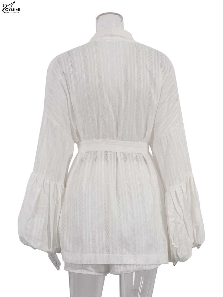 Oymimi-Conjunto de dos piezas de algodón blanco para mujer, camisas holgadas con cordones y mangas abullonadas elegantes y pantalones cortos de cintura alta, conjuntos femeninos