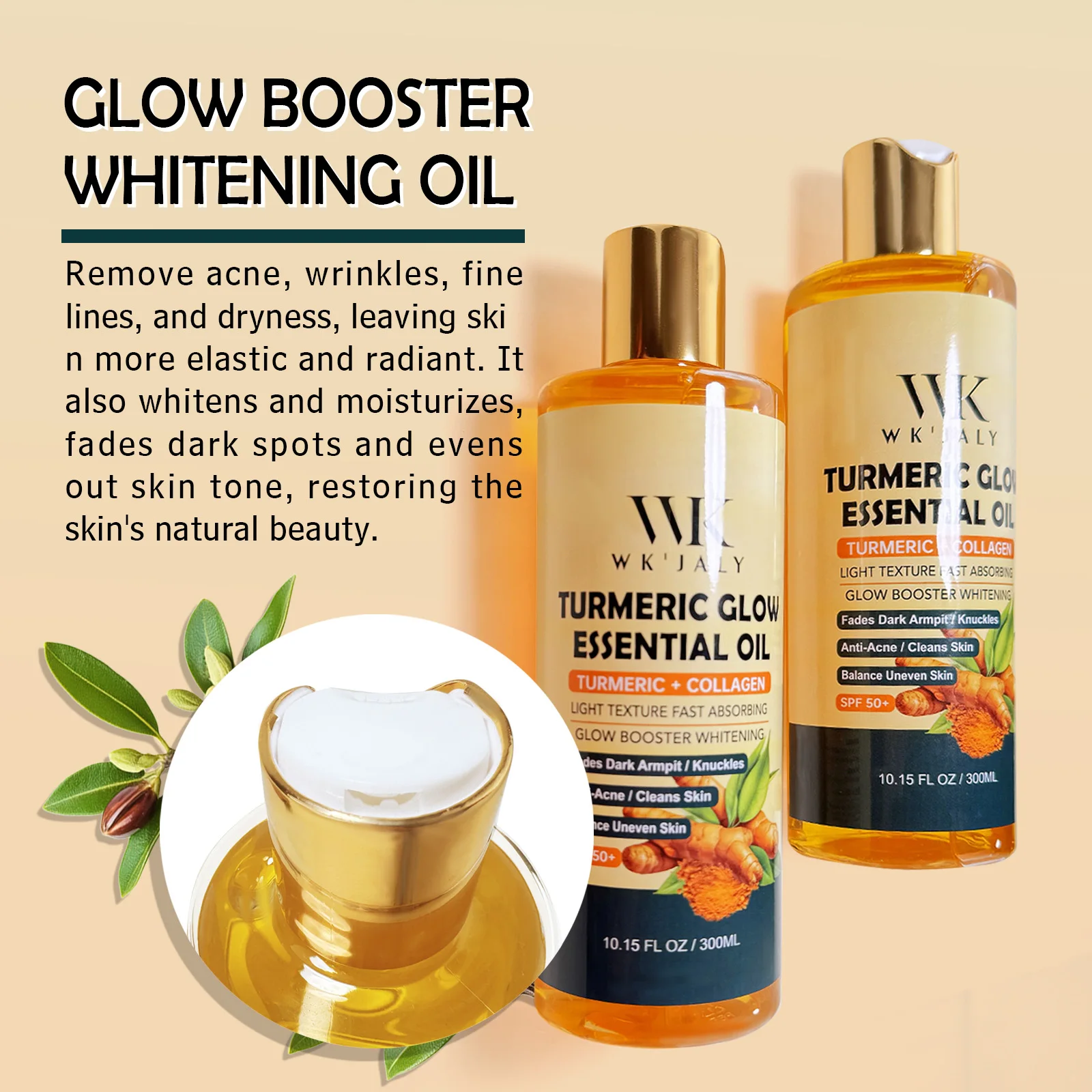 WK JALY Aceite corporal esencial con brillo de cúrcuma, hidratante, blanqueador, desvanece la axila oscura, nudillos, antiacné, equilibra la piel desigual