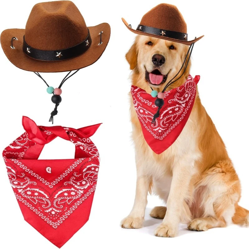 1 Juego de sombrero de vaquero para perros y gatos, pañuelo y bufanda, accesorios occidentales para gatos, perros, fiesta, Festival, uso diario