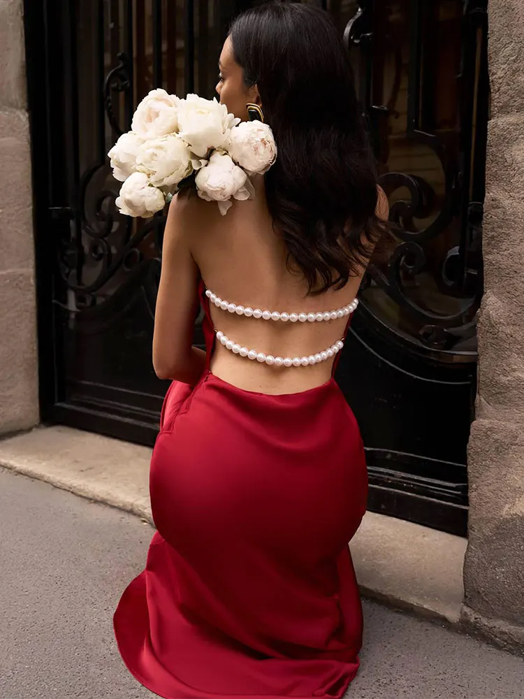 GACVGA satén espalda descubierta perlas Sexy ceñido al cuerpo fiesta de graduación Maxi vestido Halter sin mangas celebridad noche pasarela ajustado Club vestido largo