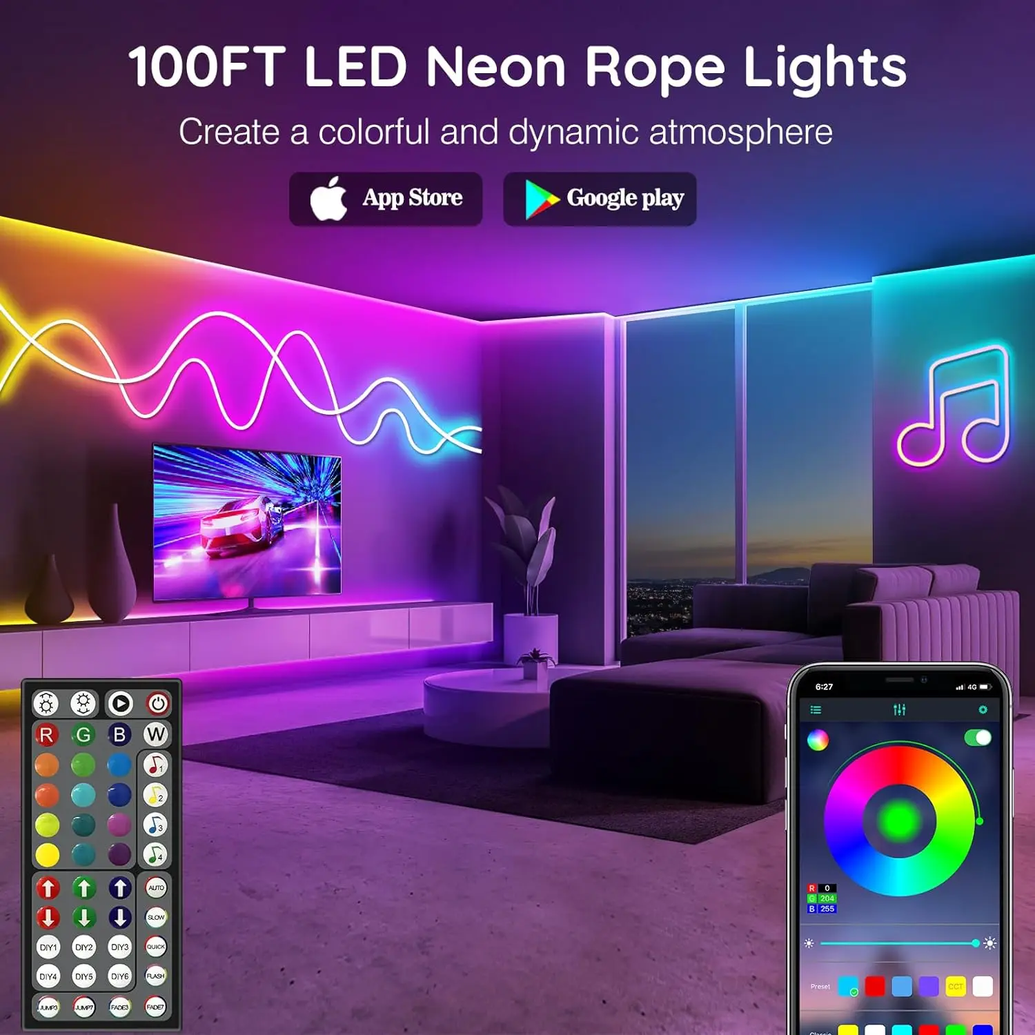 Luces de cuerda de neón, Control de luces de cuerda Led flexibles con aplicación/remoto, luces de cuerda de múltiples modos, luces de neón Led RGB para exteriores IP65 Wa