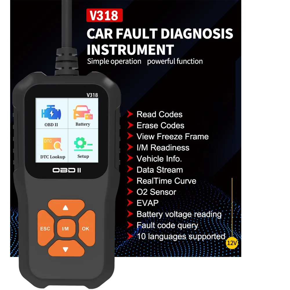 Escáner V318 OBD2, instrumento de diagnóstico de fallos de coche, lectura del motor, clarear la malfunción del motor, herramientas mecánicas de luz, 10 idiomas