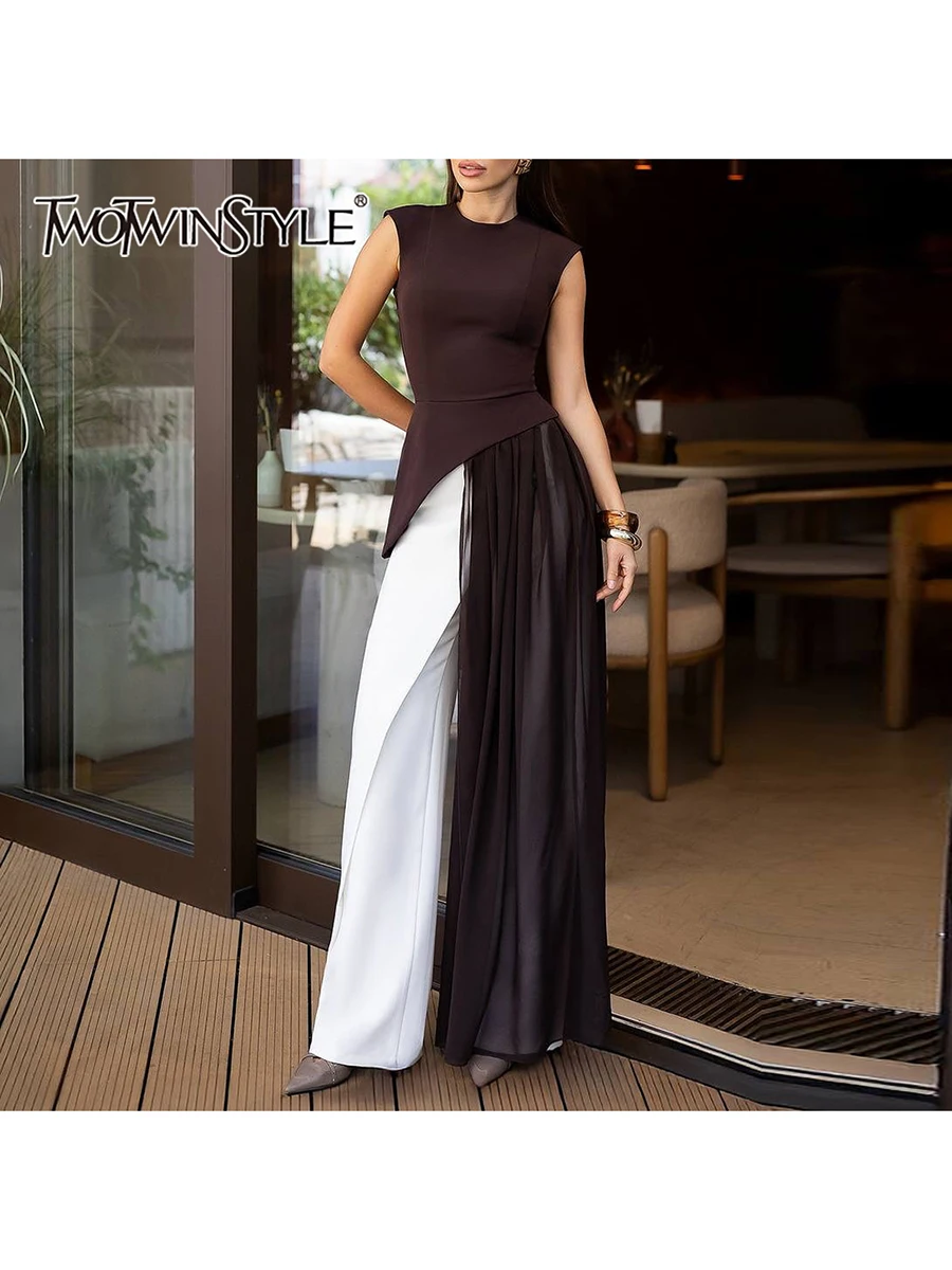 TWOTWINSTYLE, blusas irregulares con pliegues empalmados adelgazantes lisos para mujer, blusa larga sin mangas con cuello redondo y cintura alta para mujer, nueva