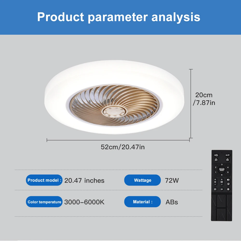 Ventilador de techo inteligente con luces, Control remoto, decoración de dormitorio, lámpara de ventilador, aspas invisibles de aire silenciosas de 52cm