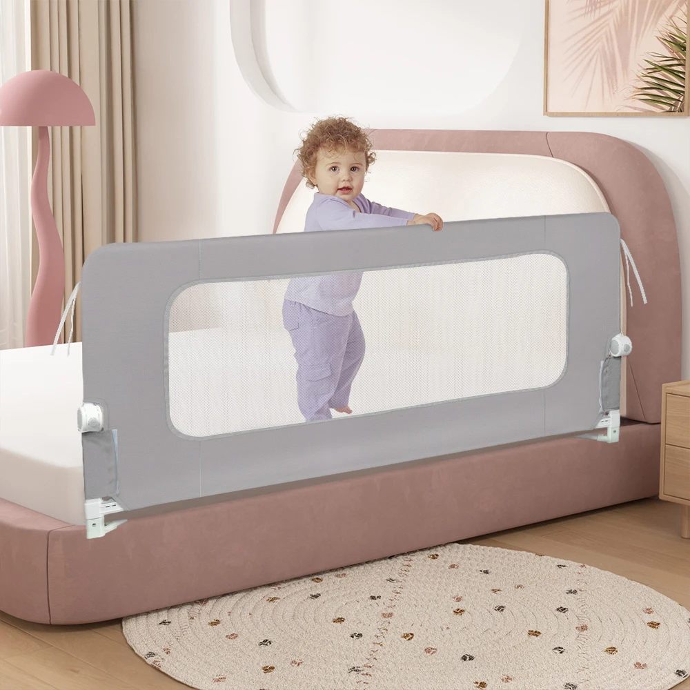 Barrera de cama 150 / 180 / 200 cm - Protección anticaídas - Plegable ° Altura ajustable de 66 a 80 cm - con patas trapezoidales y cuerdas de fijación - gris suave/rosa/azul/gris
