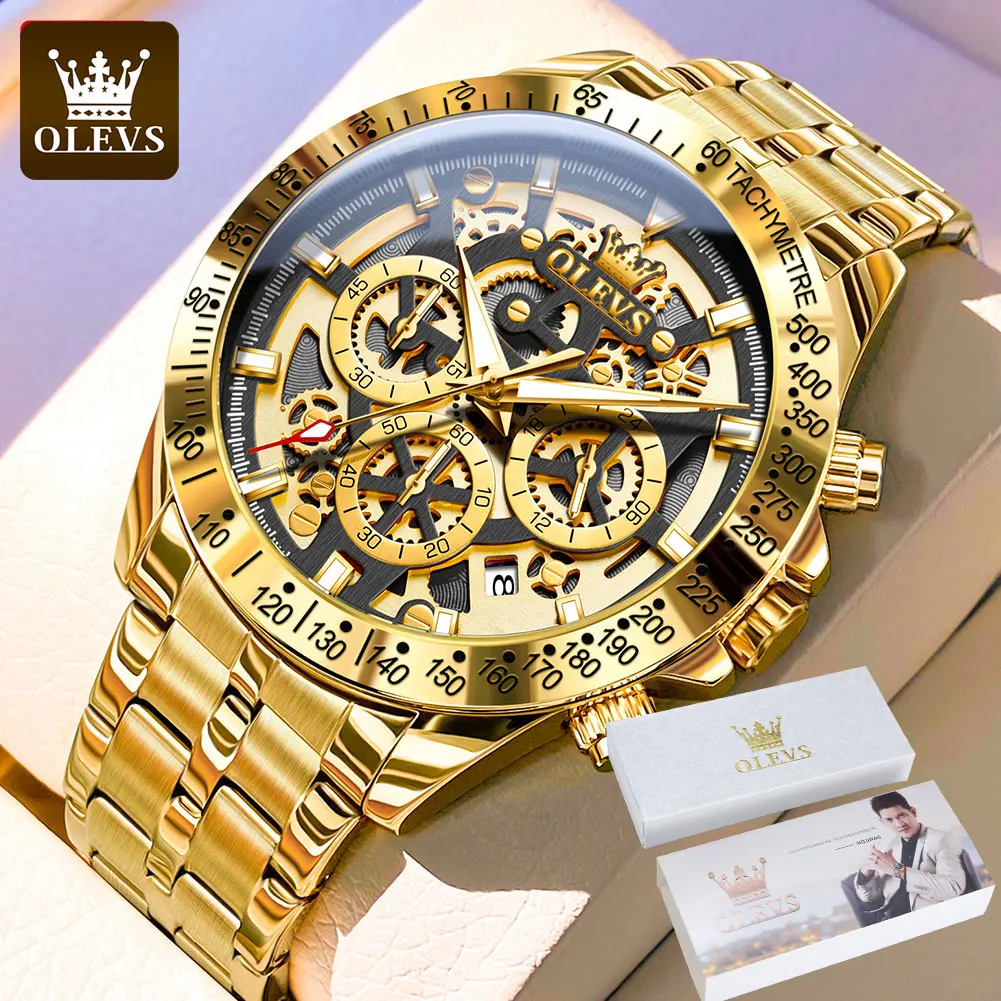 Relojes de hombre OLEVS de lujo, color dorado, con esqueleto completo, cronógrafo de acero inoxidable, resistente al agua, luminoso, de cuarzo.