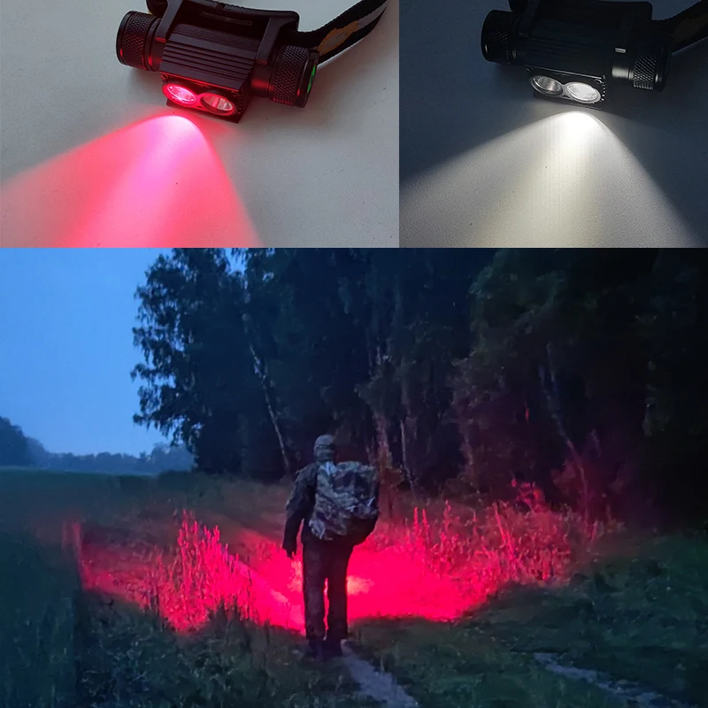 Linterna frontal recargable H25LR LED 90 de alto CRI, potente linterna frontal ligera con luz blanca brillante, antorcha roja profunda de 660nm