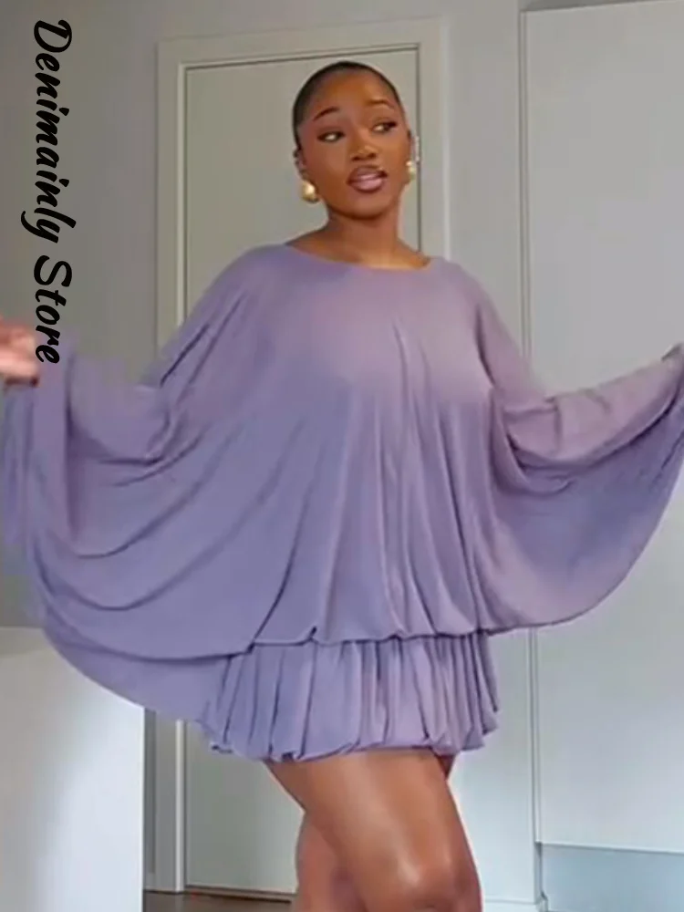 Vestido Mini Boho con Cordones para Mujer, Cuello Redondo Holgado, Manga Murciélago Plisada, Vestidos sin Espalda, Túnica de Fiesta para Vacaciones de Verano 2026