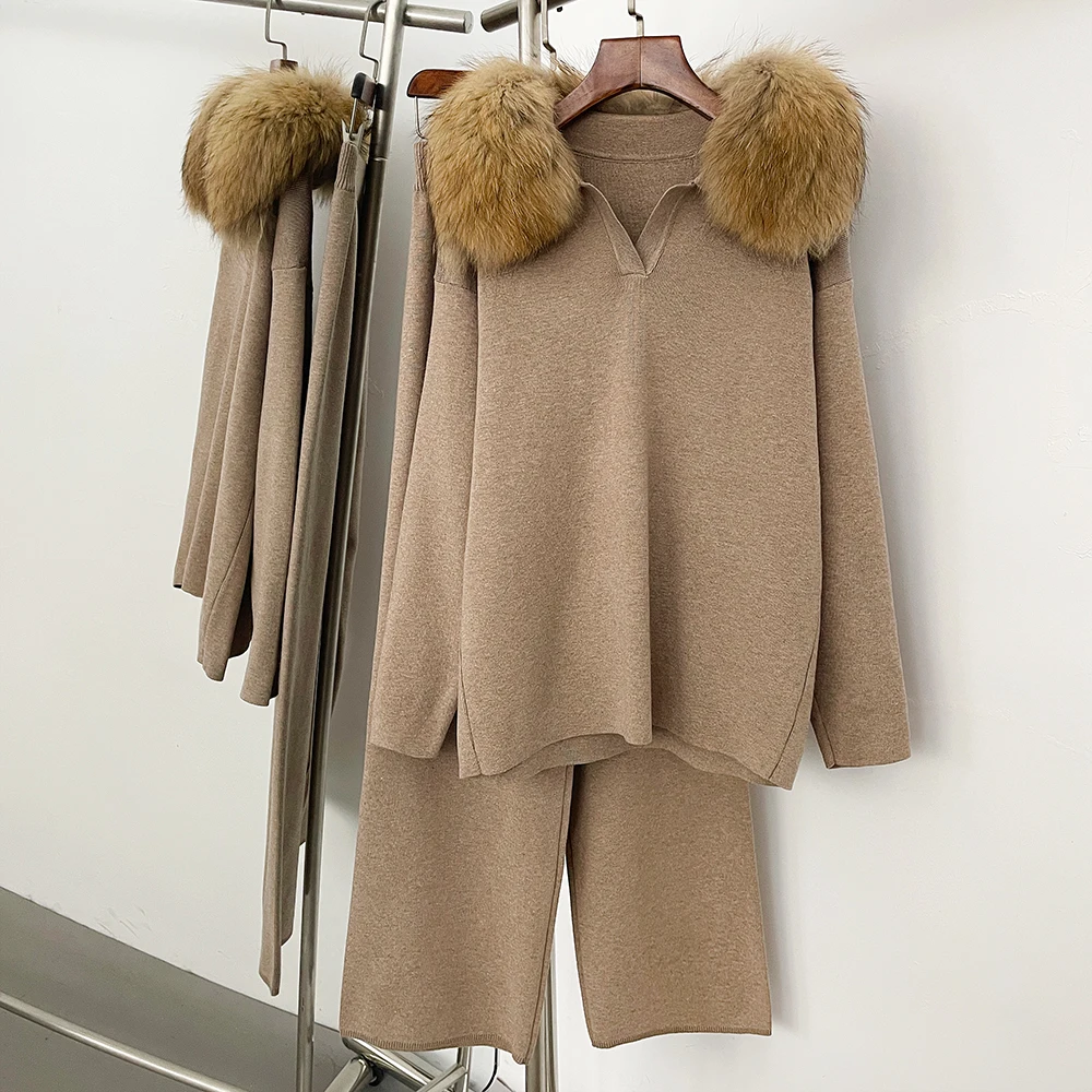 Conjunto de Jersey y chaqueta de piel de realidad para mujer, traje de punto para primavera, suéter con cuello de piel de zorro Real para mujer, tejido de otoño nuevo