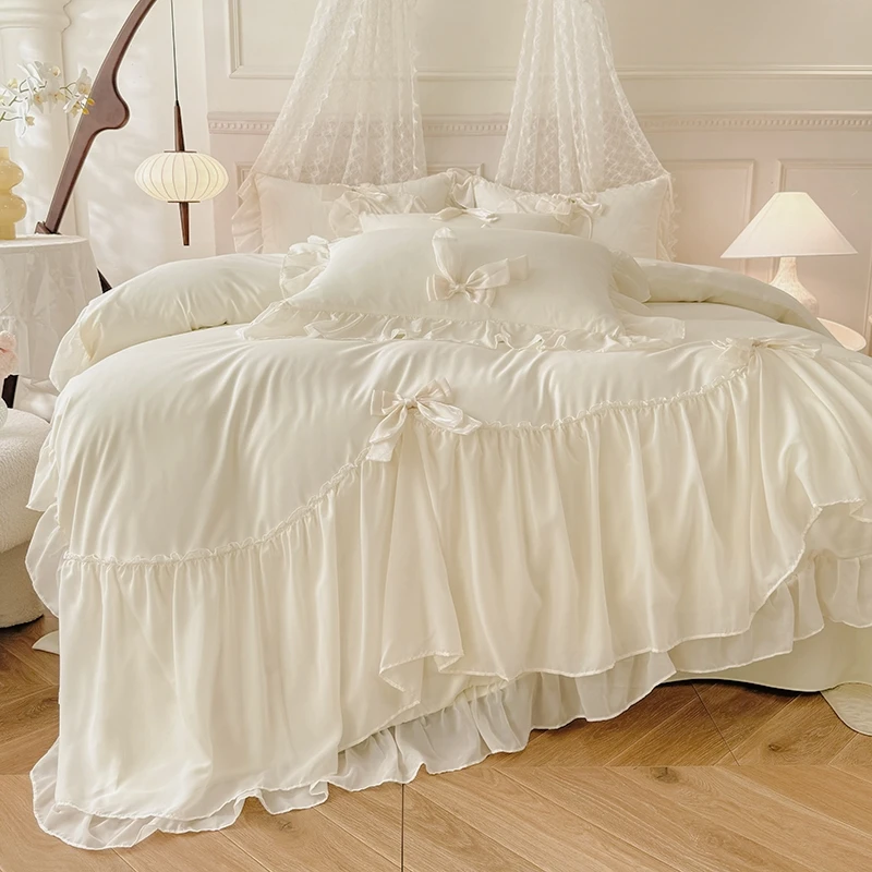 Juego de cama blanco de 3 uds., funda nórdica con volantes (1 funda nórdica + 2 fundas de almohada, sin núcleo) para dormitorio y habitación de invitados
