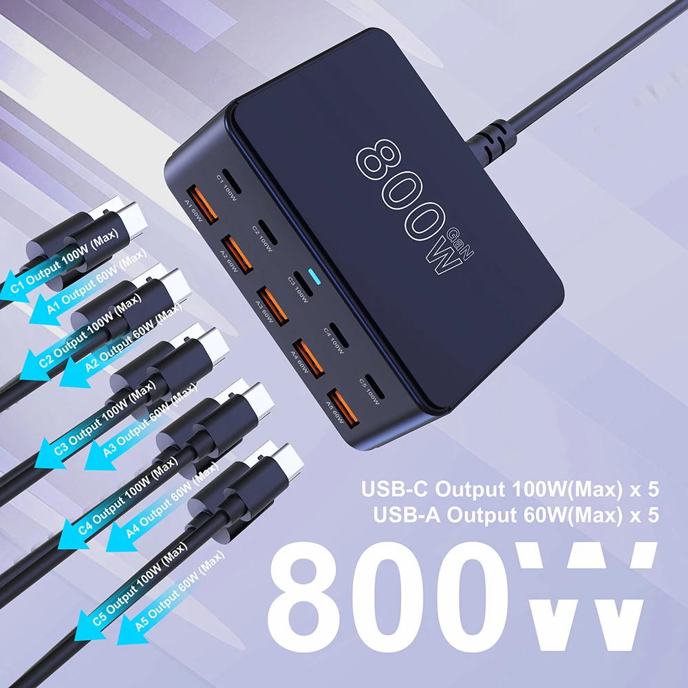 Cargador GaN USB C de 800W, estación de carga rápida de 10 puertos PD3.0 PPS QC3.0 de 100W para iPhone 16/15 Samsung MacBook Pro, ordenadores portátiles y tabletas