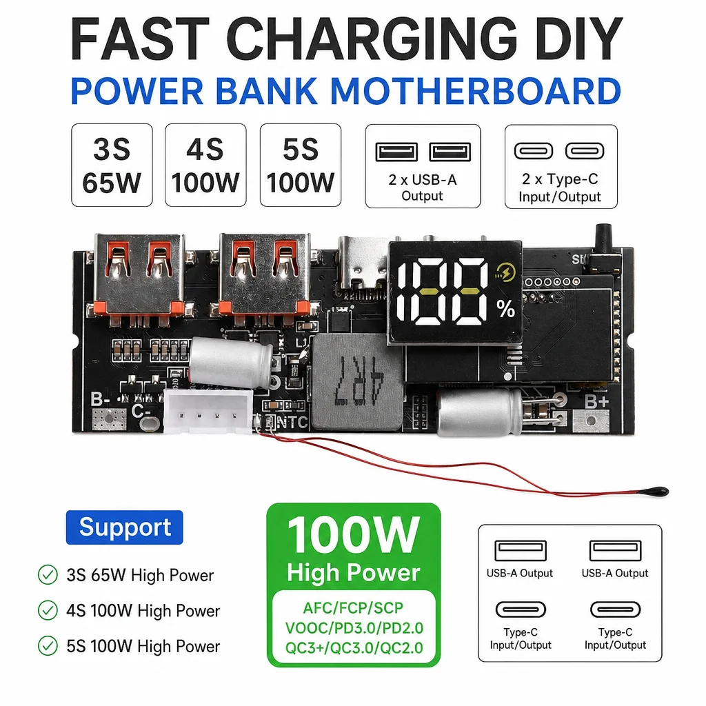 Placa Base de Carga Rápida 3S 4S 5S para Móviles, Módulo de Banco de Energía Bidireccional PD65W PD100W con Pantalla de Electricidad y Puertos USB+Type-C