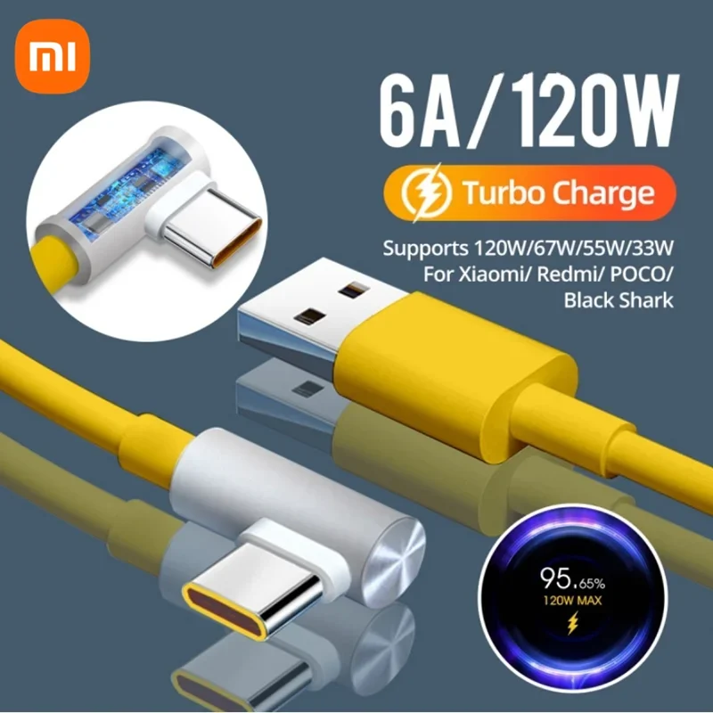 Original Xiaomi 120W 6A Usb tipo C juego Cable de carga rápida codo de 90 grados para Mi 12 11 10 9 Poco X5 Redmi Note 12 Pro + Tipo
