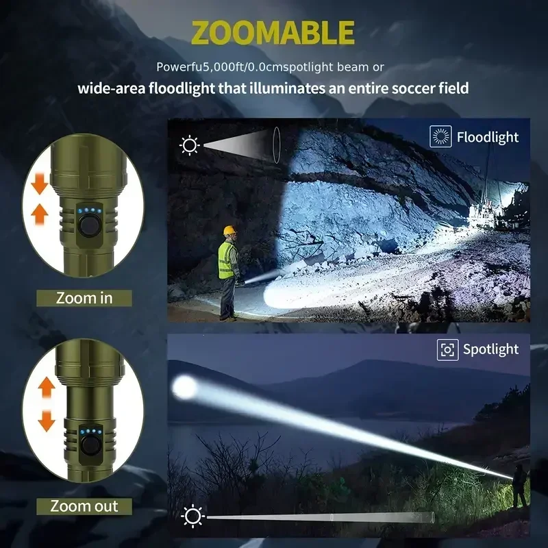 Combo de linterna, encendedor y banco de energía, recargable, haz súper brillante con zoom, linterna de 5 modos para emergencias de acampada al aire libre
