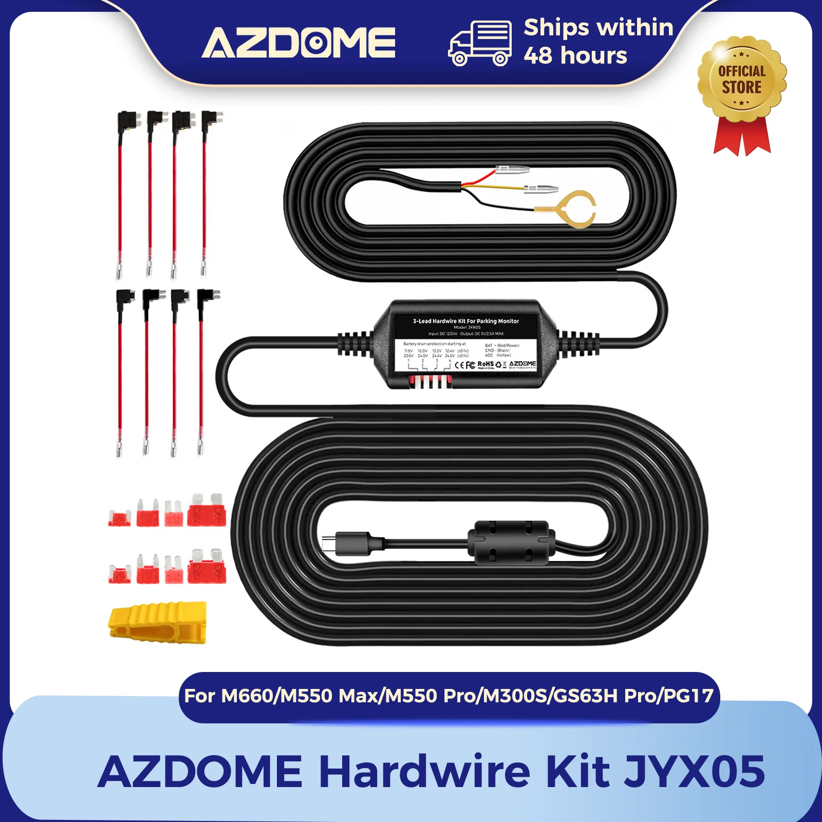 AZDOME JYX05 Kit de cables duros para grabación DVR de coche para M660/M550 Max/M300S/GS63H Pro protección de baja vol puerto tipo C 12V-24V en 5V 2.5A out