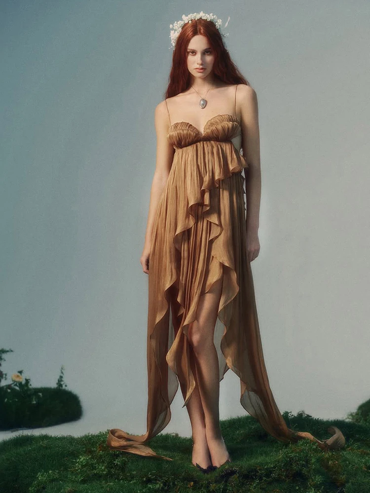 Vestido Maxi Irregular con Volantes y Borlas para Mujer, sin Espalda, sin Mangas, Escote Bajo, Elegante para Fiesta de Cumpleaños
