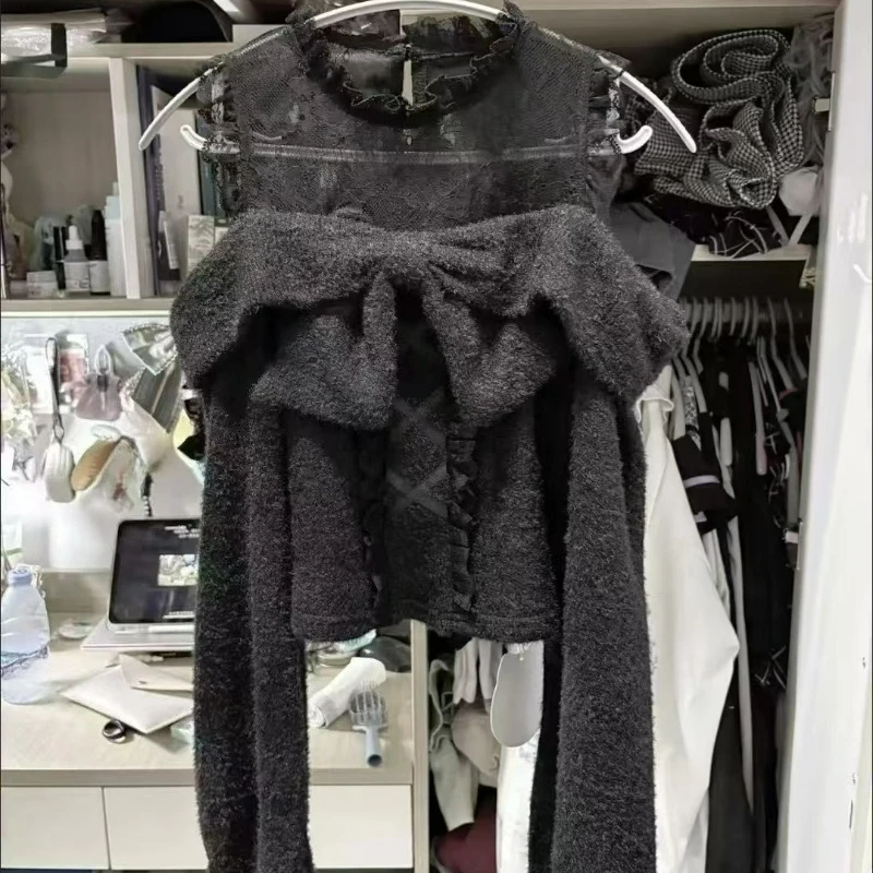 Suéteres de punto estilo Lolita japonesa para mujer, dulces, con encaje, hombros descubiertos, manga larga, estilo Y2K, top holgado para otoño