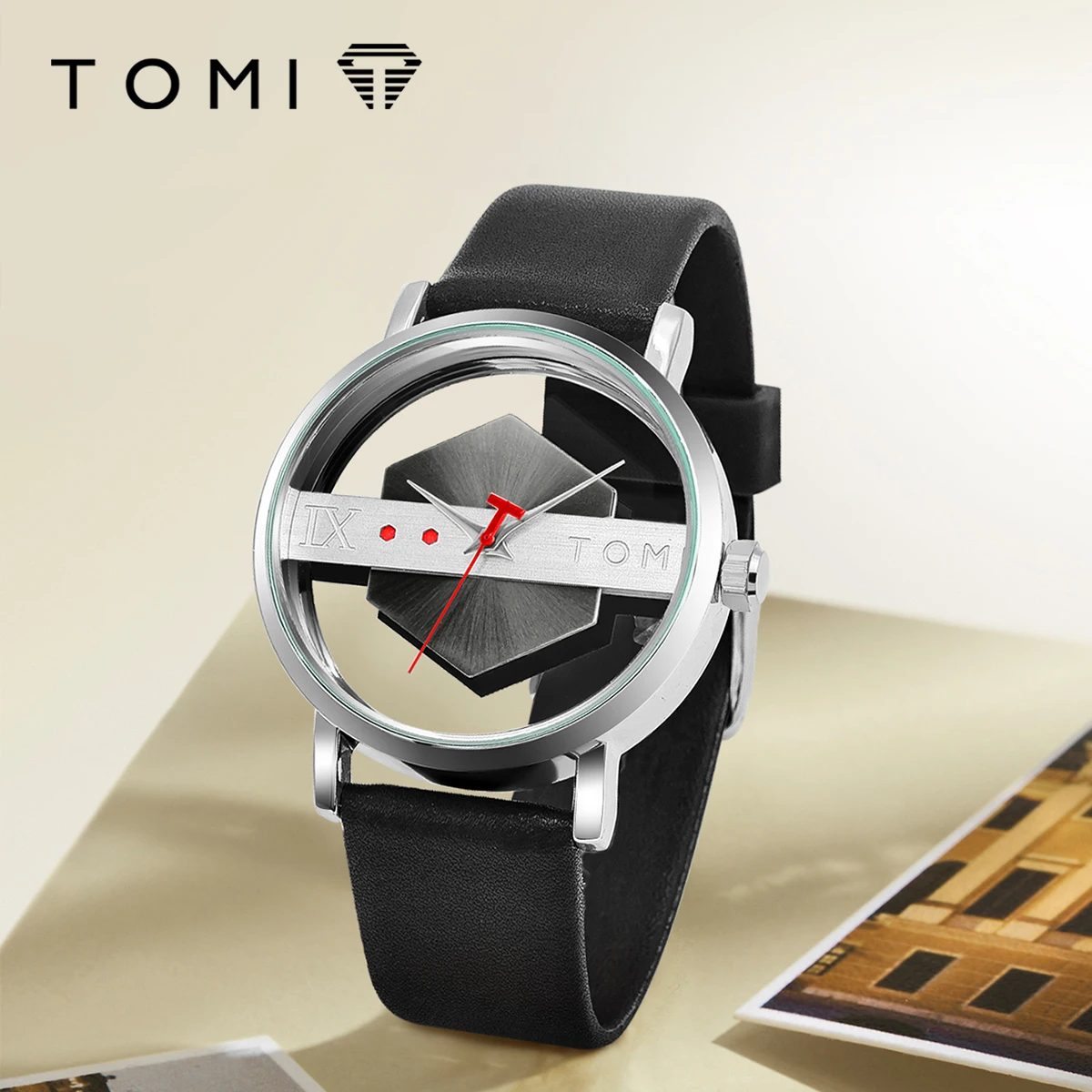 TOMI Correa de reloj de cuero para hombre, elegante y minimalista, perspectiva hueca personalizada, cubierta inferior de cristal, reloj de cuarzo