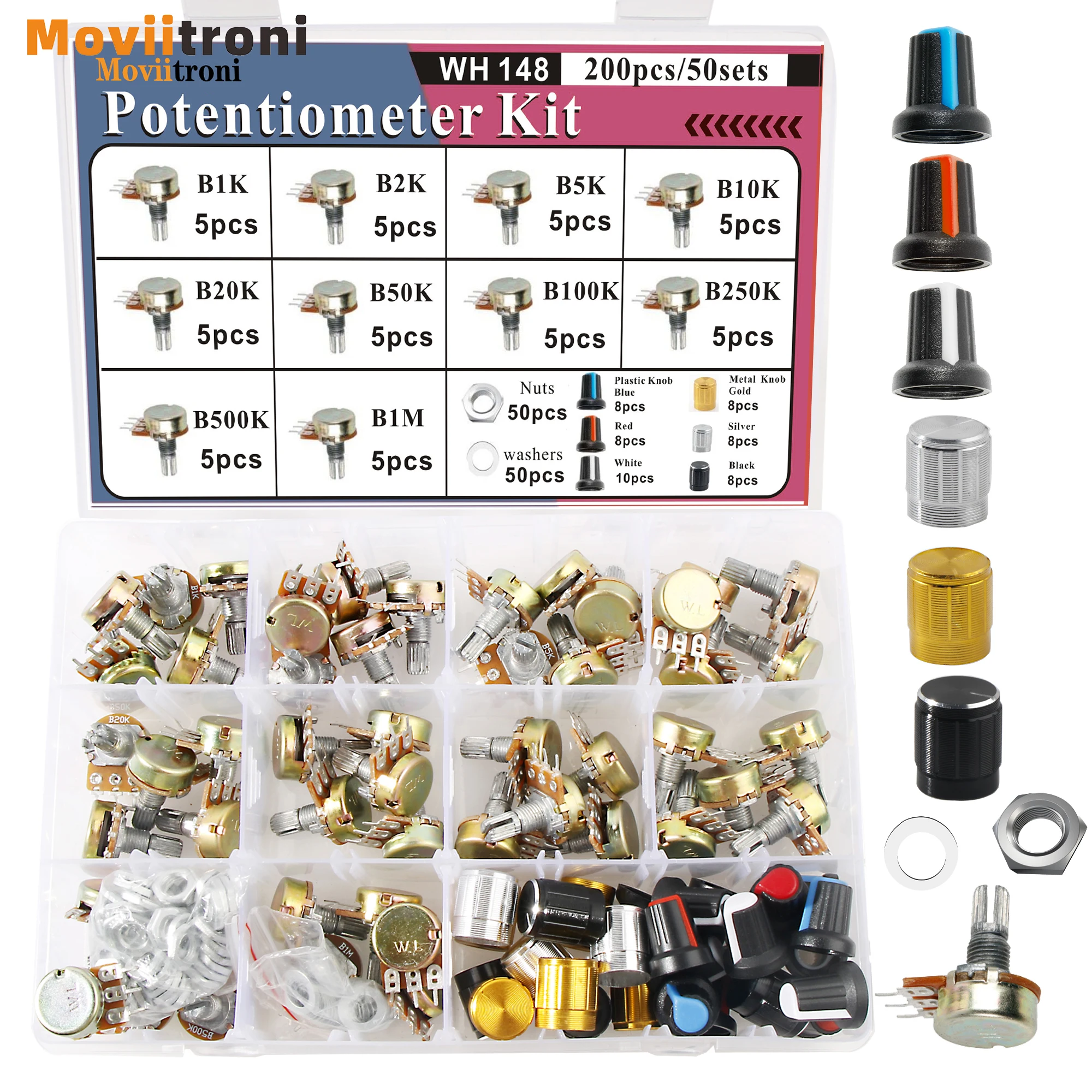 Kit de potenciómetros WH148, 200 Uds., potenciómetros de una sola articulación con perilla giratoria b1k 2k 5k 10k 20k 50k 100k 250k 500k 1m