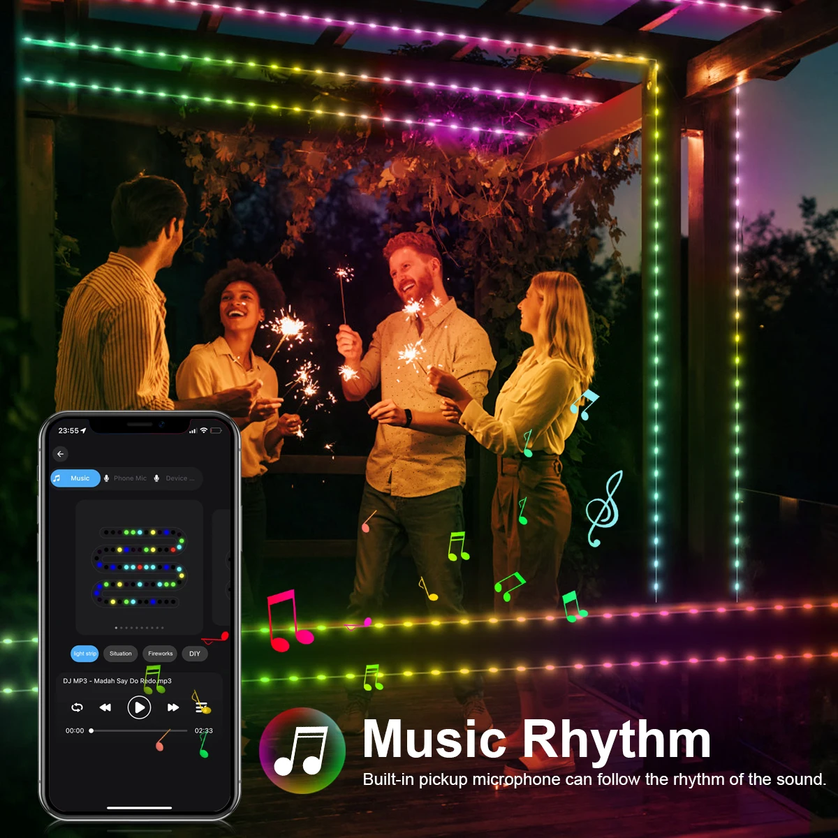 Tira de Luces LED RGBIC Inteligente, Bluetooth, USB, 20m, Impermeable, Guirnalda de Luces, para Habitación, Exterior, Jardín, Luces Decorativas, Decoración Navideña