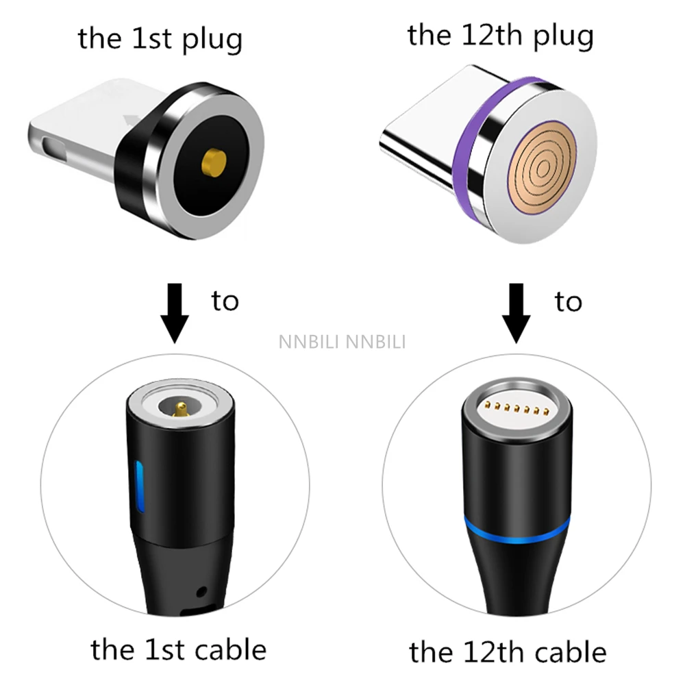 NNBILI - Juego de 5 Conectores Magnéticos Redondos de 5A para iPhone Tipo C, Conectores Micro USB C de 3A, Adaptador de Carga Rápida, Conector Magnético USB-C para Teléfono