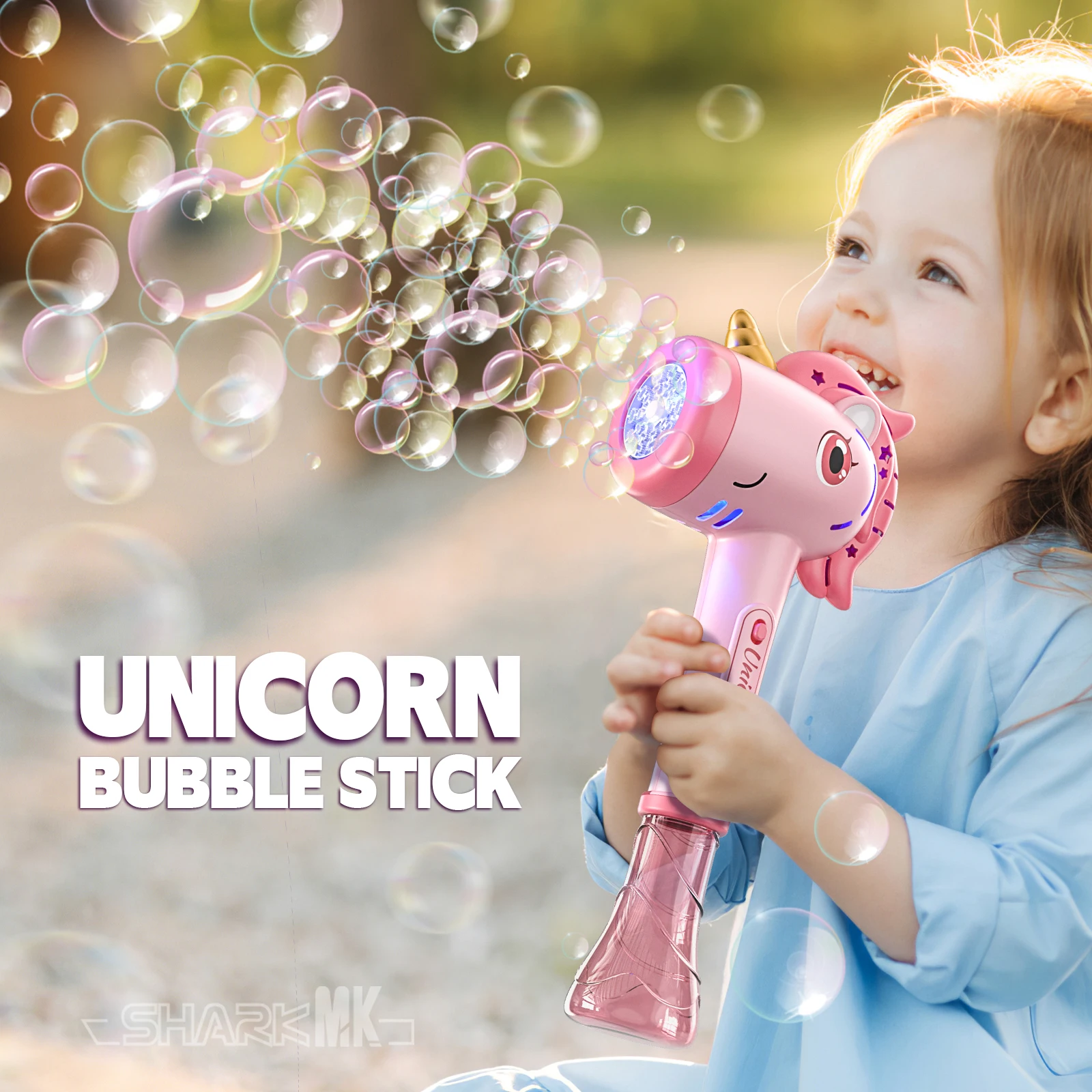Máquina automática de burbujas con forma de unicornio, luces LED de fantasía, juguete para hacer burbujas al aire libre, para niños a partir de 3 años. Incluye solución para burbujas.