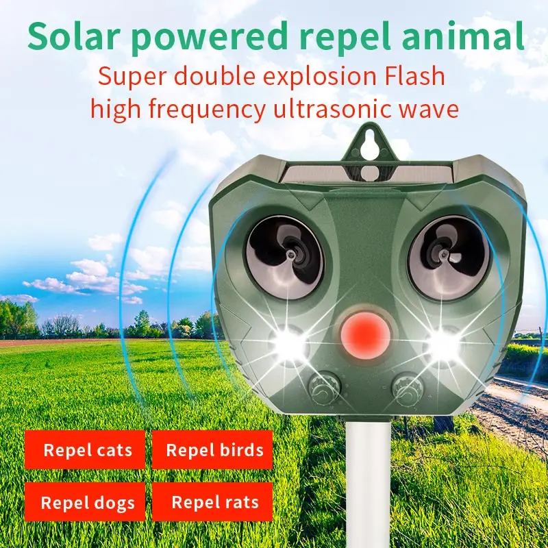 Herramienta repelente ultrasónica, disuasivo de animales recargable Solar con Sensor de movimiento PIR, espantapájaros de ardilla para Control de plagas de jardín
