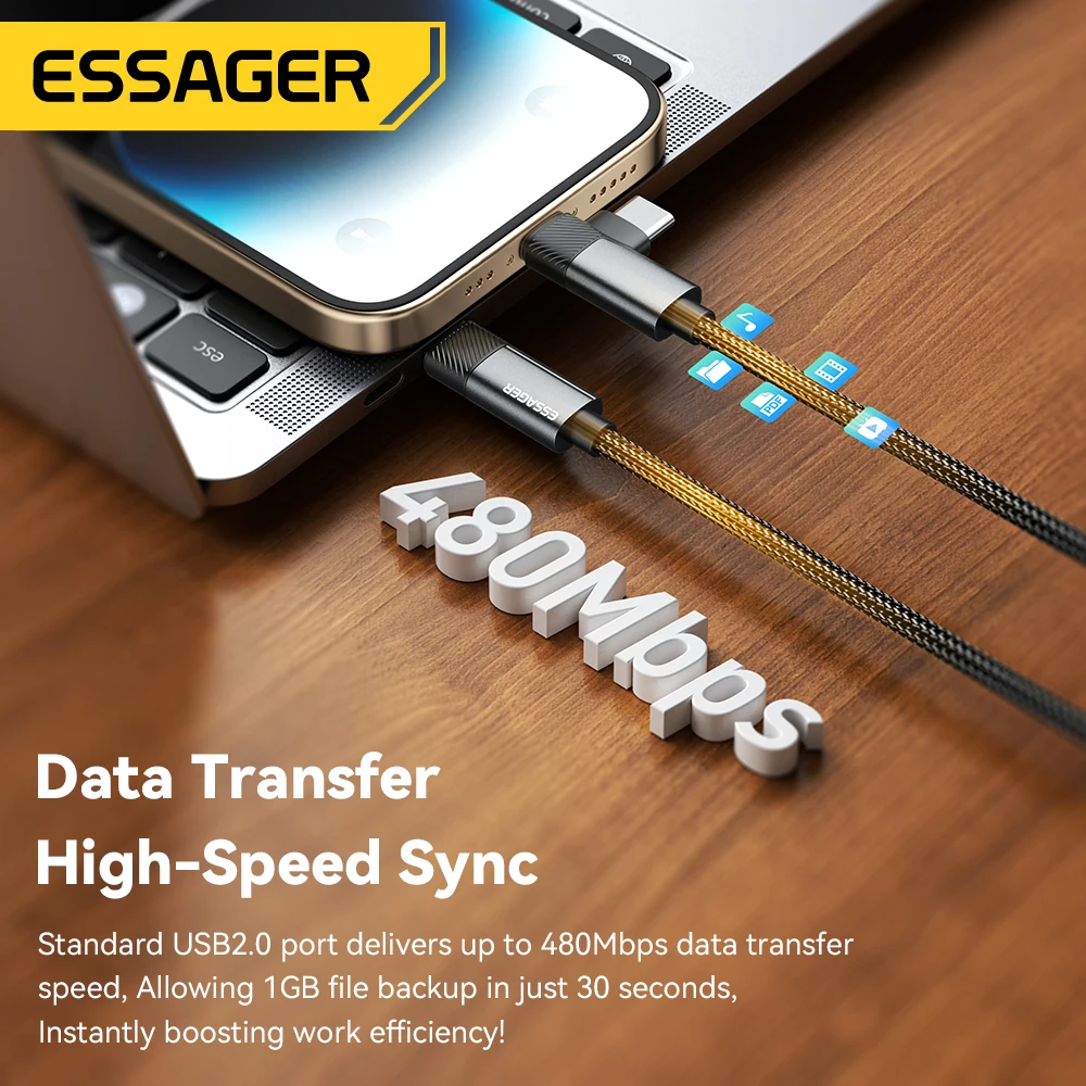 Essager Cable de ángulo recto 2 en 1 PD 65W 29W Cable de datos de codo de carga rápida para iPhone 15 14 13 MacBook Lenovo Asus Dell iPad Pro