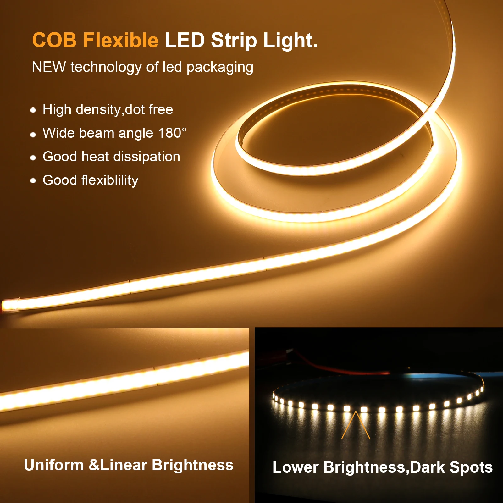 Tira COB de 5V, 12V, 3MM, 5MM, 8MM, barra de luz LED FOB, 320Leds/M, cinta Flexible de alta densidad, cinta de cuerda, luz de gabinete 3000K 4000K 6000K