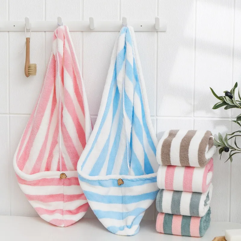 1 Toalla Absorbente para el Cabello de 26x65cm, Toalla de Felpa Coral con Diseño de Rayas Rosa y Azul, Regalo para el Regreso a Clases, para la Vida Diaria de los Estudiantes