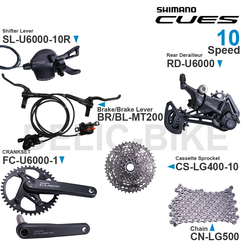 SHIMANO-CUES U6000 Groupset, SL-U6000-10R, RD-U6000, FC-U6000-1, CS-LG300, CS-LG400, MT200, freno de disco, piezas originales