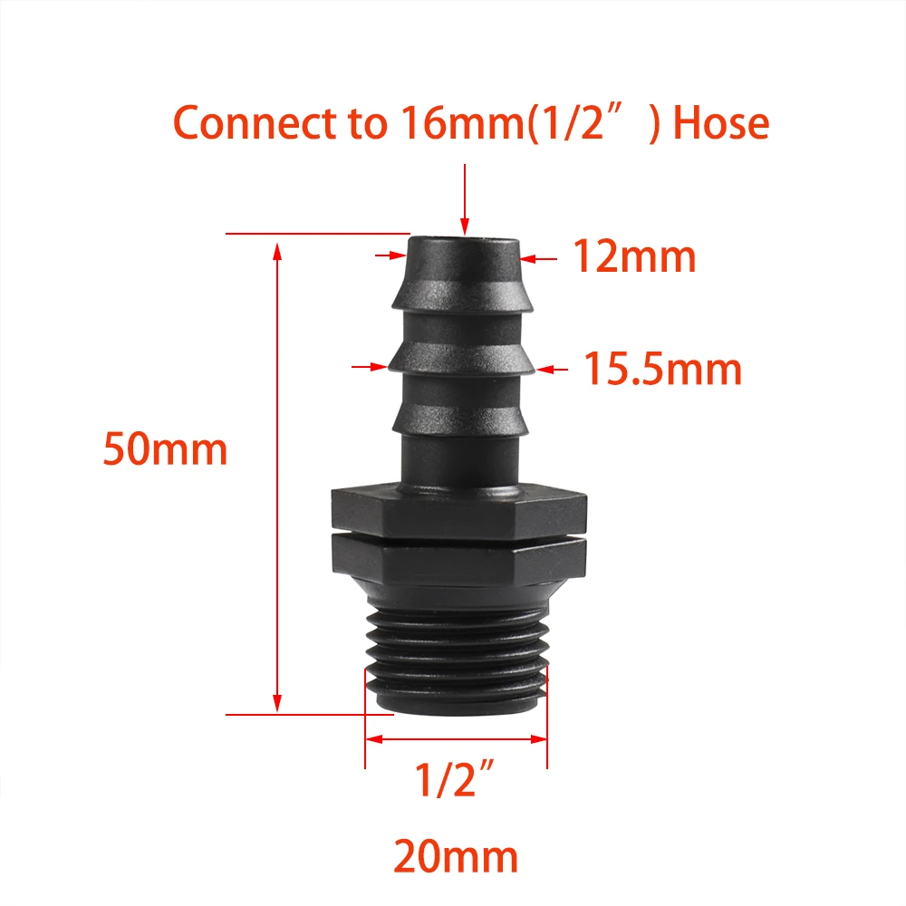 Rosca macho hembra de 1/2 3/4 a conector de lengüeta para manguera de jardín de 1/2 3/4 y 1 pulgada, accesorio de manguera de plástico de 16mm, 20mm y 25mm, accesorios para tuberías de riego
