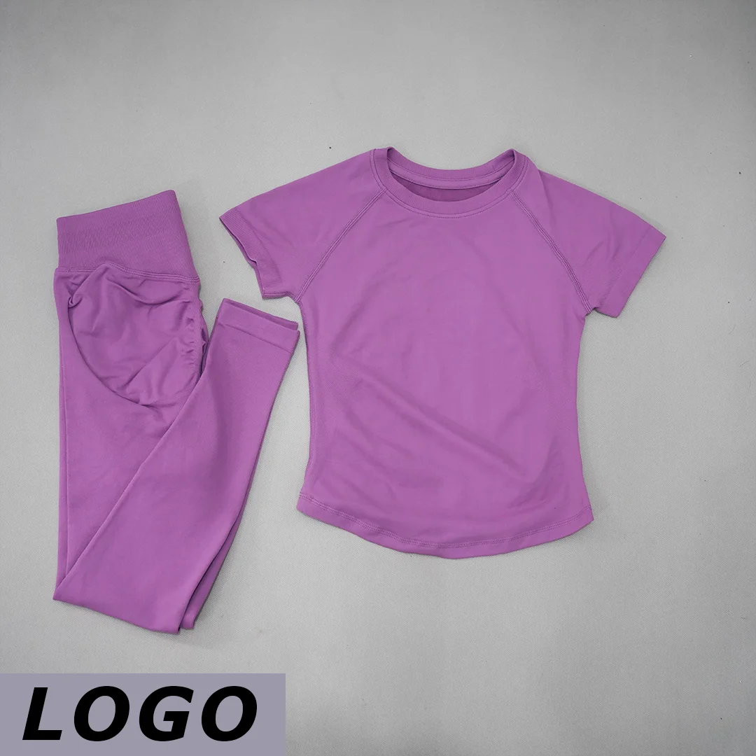 Conjunto de Yoga para Mujer DF de Dos Piezas, Top de Yoga de Manga Corta Sin Costuras, Pantalones Deportivos Adelgazantes, Traje Deportivo Transpirable para Gimnasio y Fitness