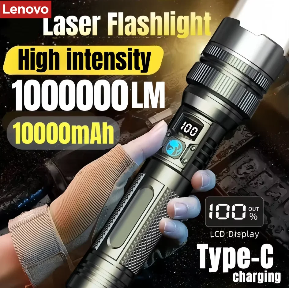 Linterna LED Súper Brillante Lenovo 1000000LM Recargable USB-C con Pantalla Digital, Resistente al Agua IPX8, Larga Duración, para Camping y Emergencias