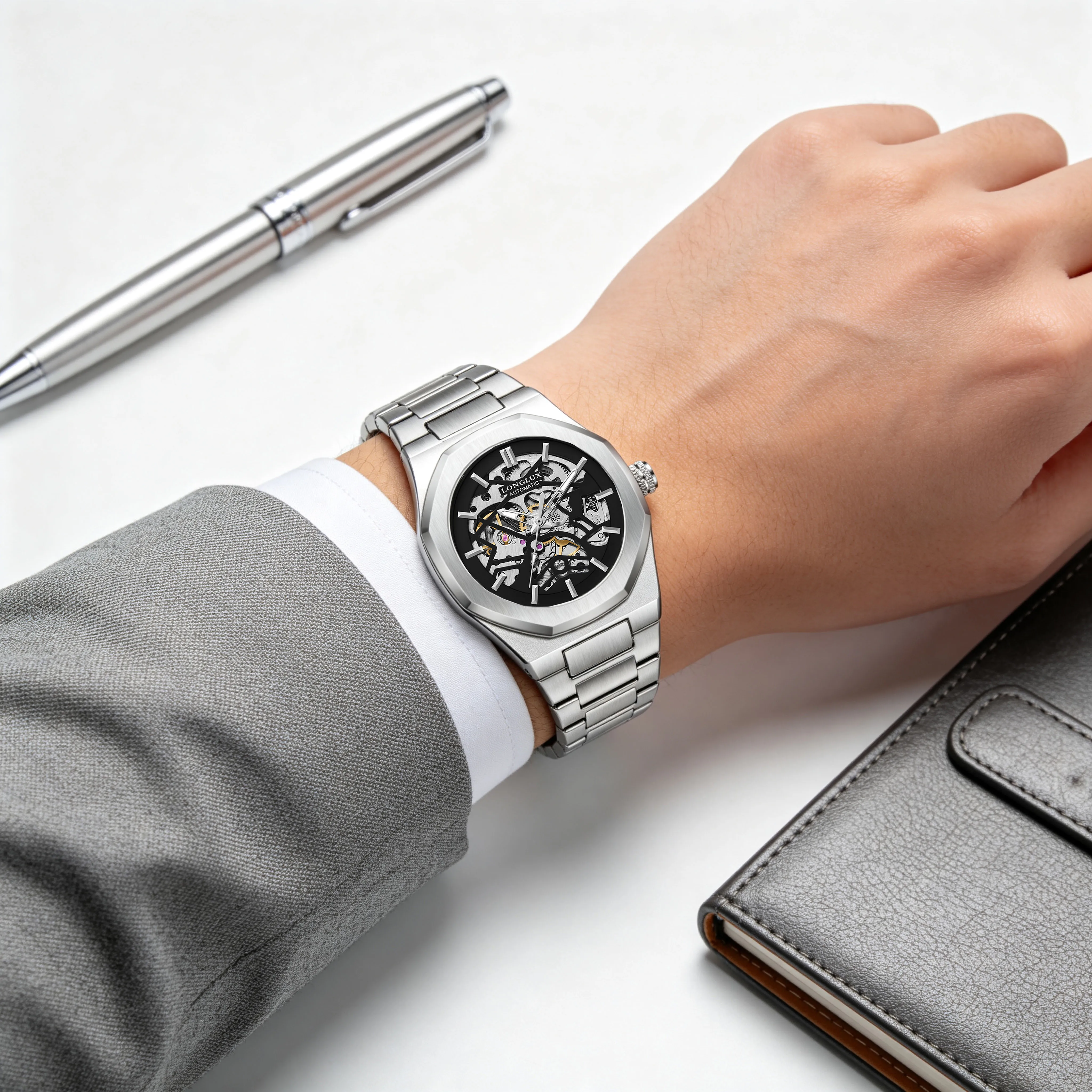 Reloj Automático LONGLUX para Hombre, Reloj Mecánico Esqueleto Resistente al Agua, Diseño Alienígena, Acero Inoxidable, Regalo
