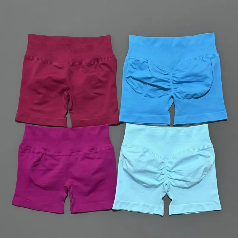 HISTELLO Df Shorts Deportivos Sólidos para Mujer, Leggings de Yoga Sin Costuras, Cintura Baja Acanalada, Mallas Deportivas con Efecto Scrunch para Fitness y Running