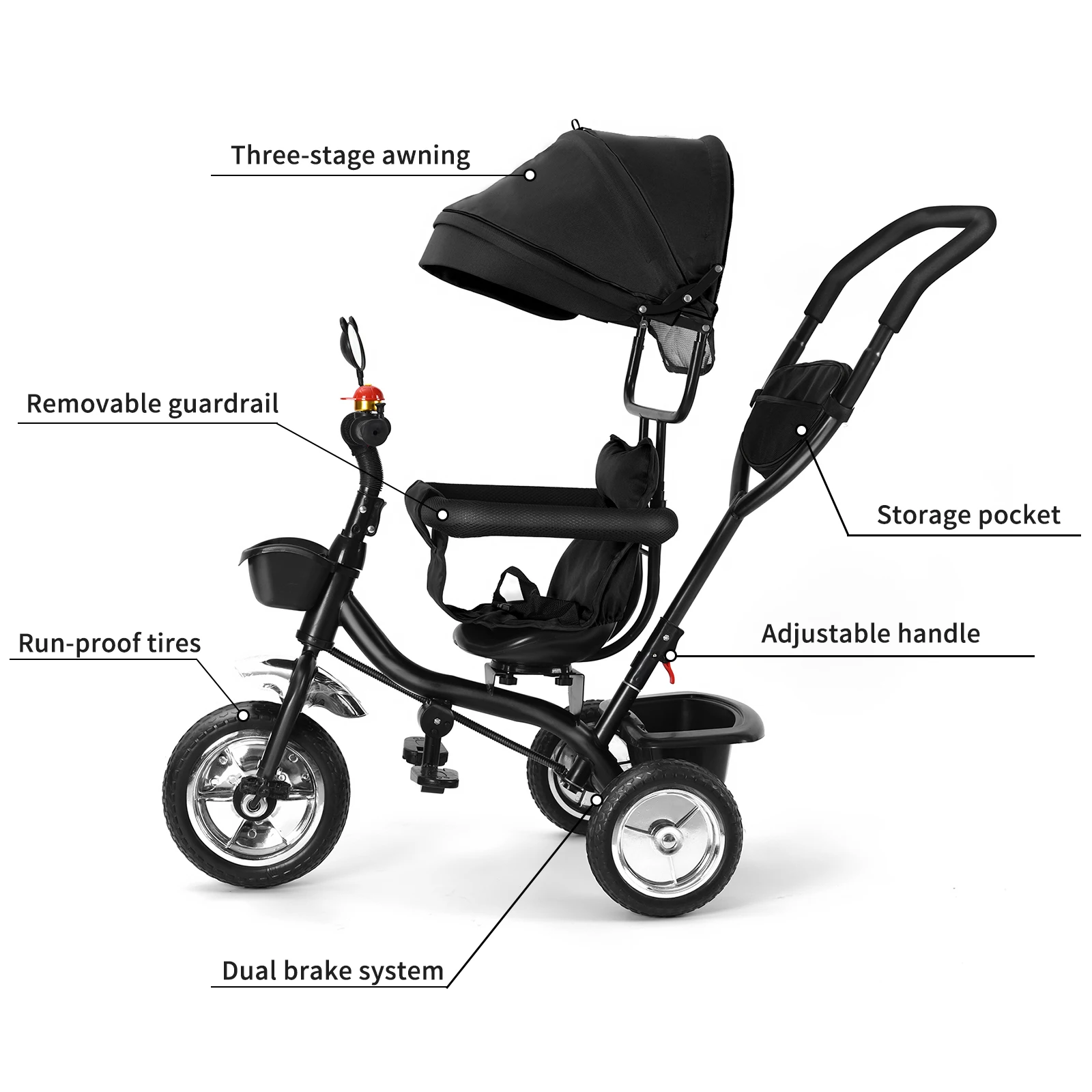 Triciclo escalable para bebés de 1 a 5 años, bicicleta para personas mayores y niños, asiento reversible, cesta y bolsa grandes, ruedas más grandes, con manillar de empuje, verde/rosa/negro/rojo/azul/gris