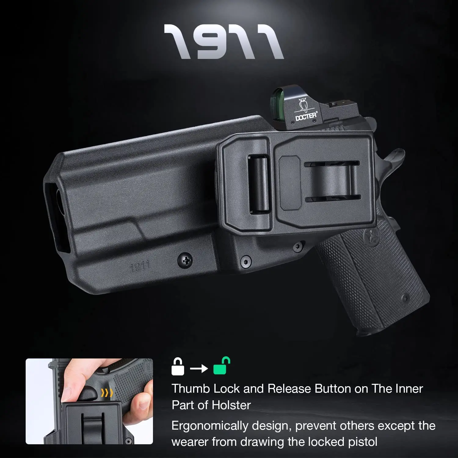 Funda compatible con Colt1911 /Elite Force 1911/Springfield1911/Taurus1911/ Kimber / Rock Island Armory/funda de polímero de liberación de pulgar OWB